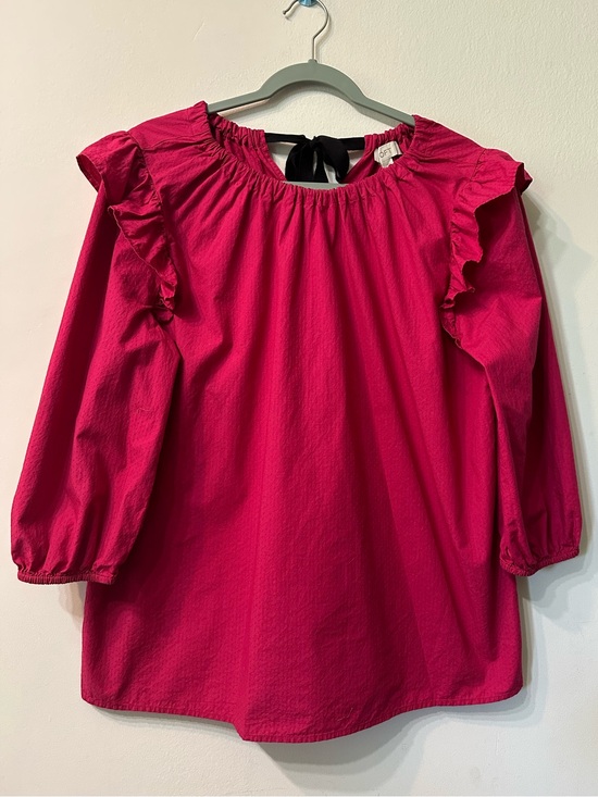LOFT Tops - LOFT Pink Cotton Ruffle Blouse L Open Back Black Bow Tie Fuchsia Textured Top